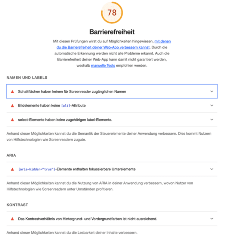 Screenshot mit Hinweisen zur Barrierefreiheit 