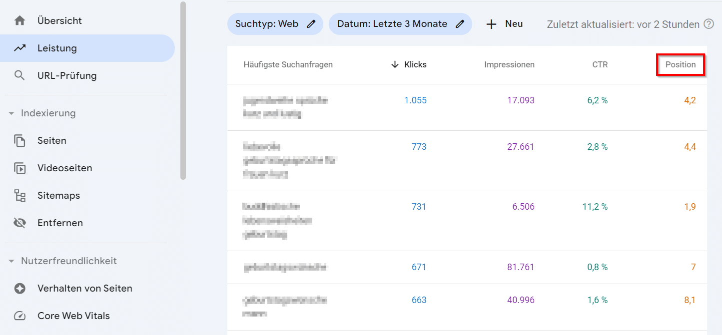 Angabe der Position in der Google Search Console