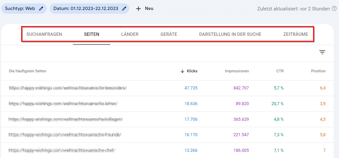 Filtermöglichkeiten in der Google Search Console