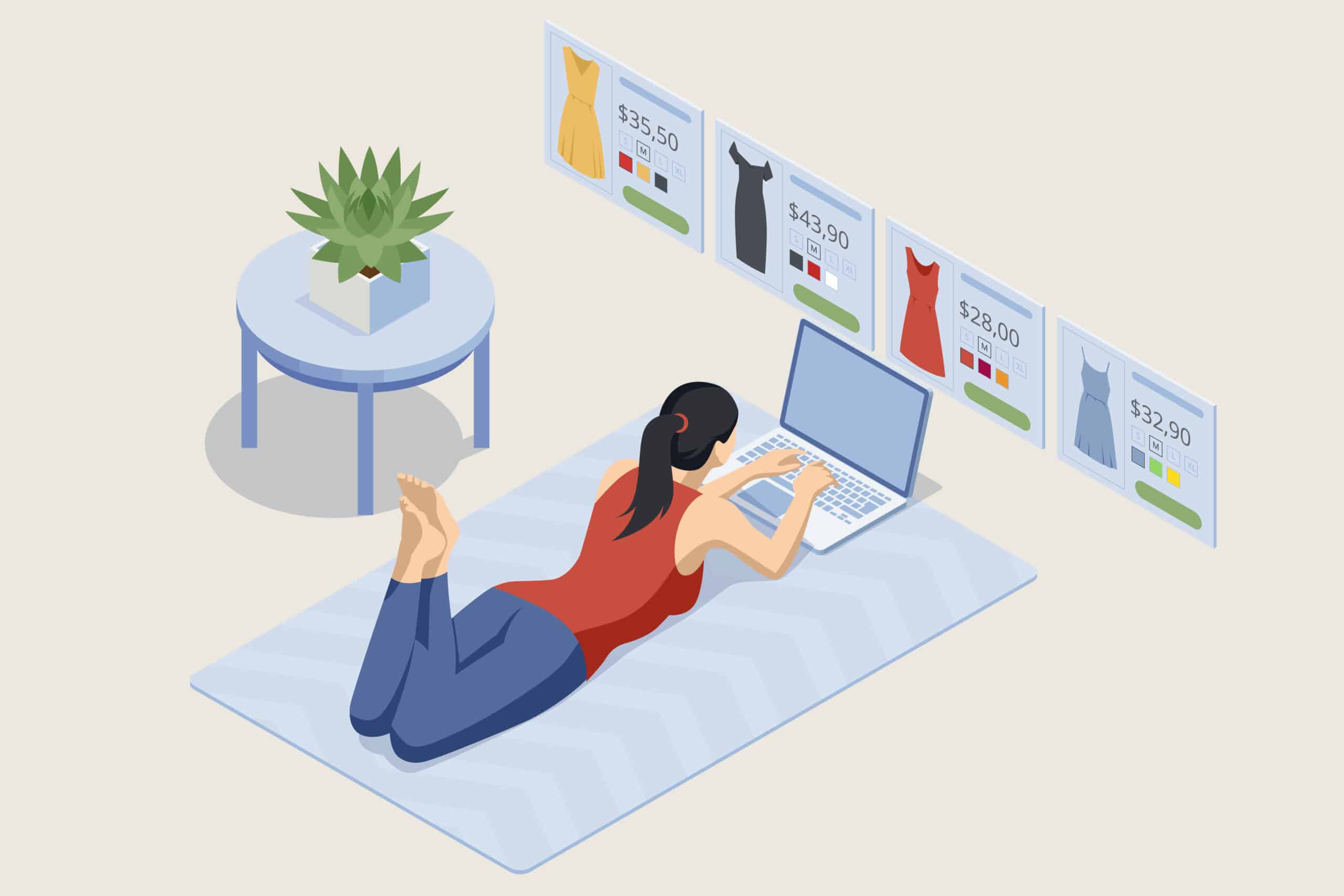 Illustration einer liegenden Frau vor Laptop
