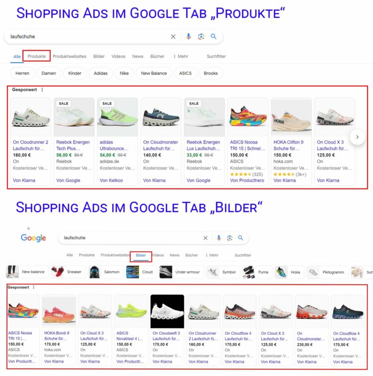 Screenshot Google-Suchergebnisseite mit markierten Produktanzeigen für den Suchbegriff Laufschuhe.