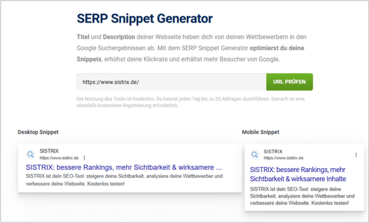 Snippet Generator Tool von Sistrix