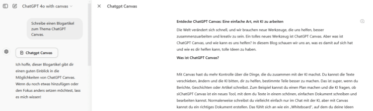 ChatGPT Canvas - Screenshot von Prompt