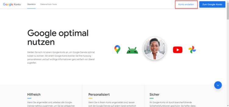 Screenshot von der Google Seite, auf der man ein Google Konto erstellen kann
