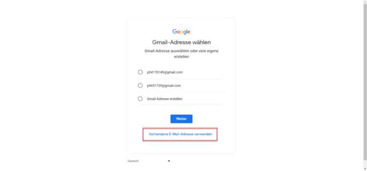Screenshot der Website, Eingabe der E-Mail-Adresse bei der Google Kontoerstellung