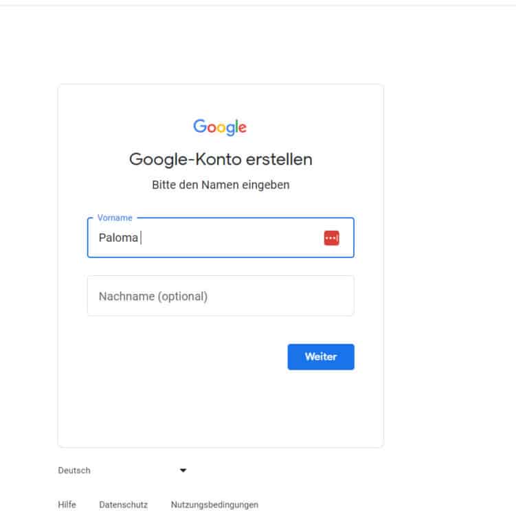 Screenshot der Website, Namenseingabe bei der Google Kontoerstellung