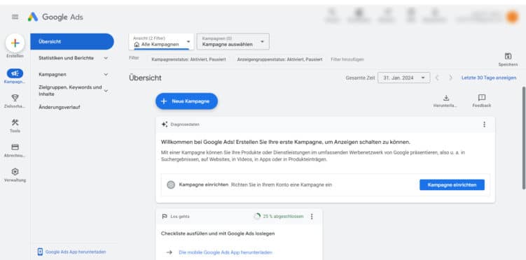 Screenshot aus dem Google Ads Account, Startseite