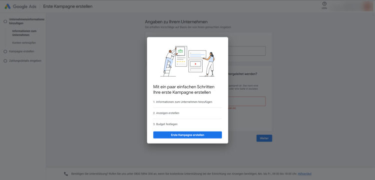 Screenshot aus dem Google Ads Account, Eingabe der Unternehmensinformationen