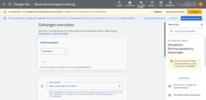 Screenshot aus dem Google Ads Account, Zahlungsprofil einrichten
