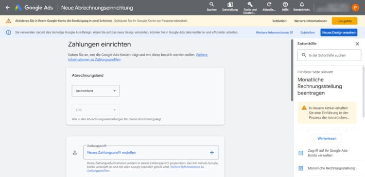 Screenshot aus dem Google Ads Account, Zahlungsprofil einrichten