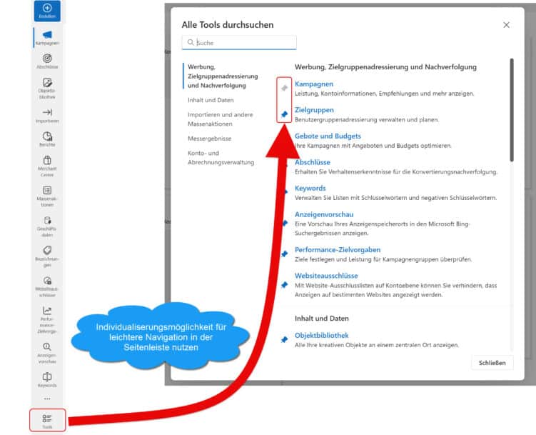 Screenshot aus der Microsoft Oberfläche mit Abbildung der Seitenleiste und Einstellungsmöglichkeiten von Tools