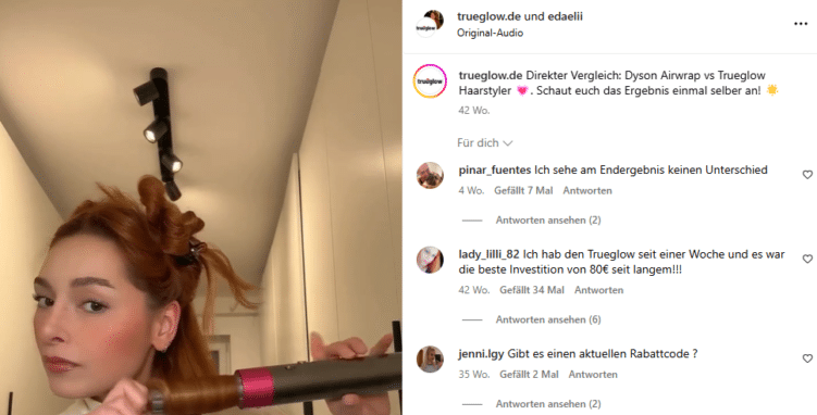 Instagram-Post von trueglow - Frau stylt sich die Haare