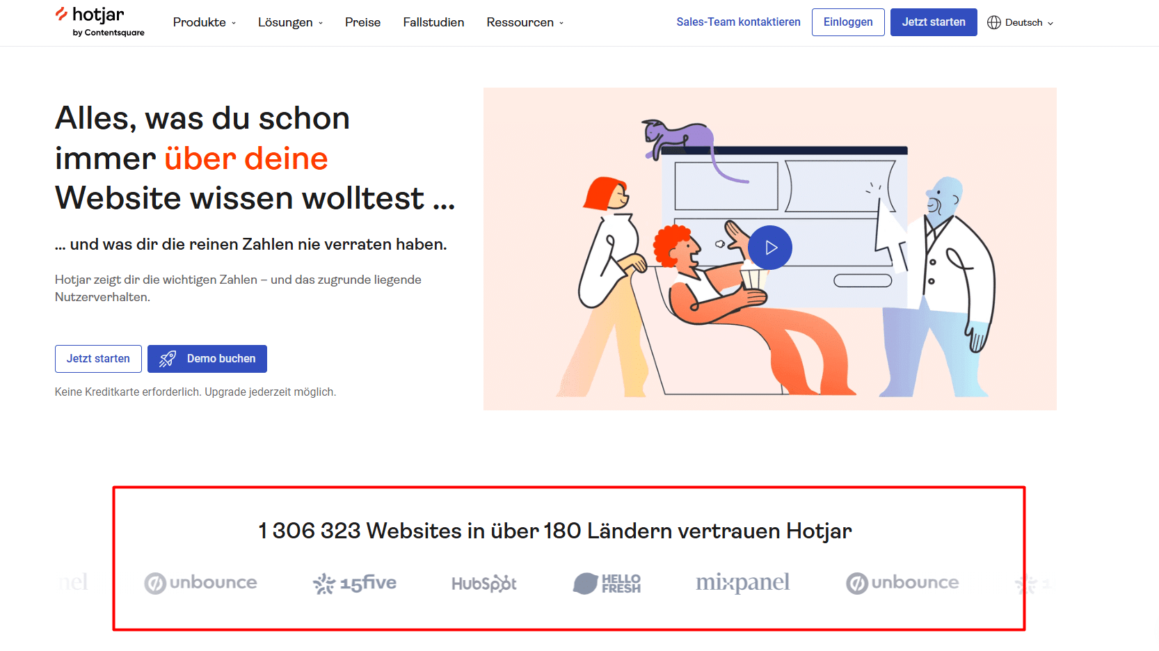 Social Proof auf der Startseite von hotjar