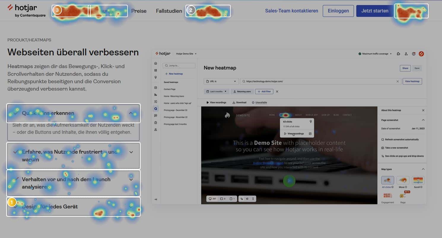 Beispiel für eine Click-Heatmap des Tools Hotjar