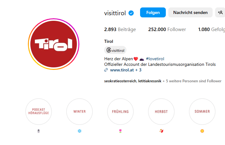 Instagramprofil von Visit Tirol