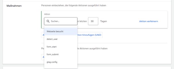 Screenshot der Remarketing-Listen Einstellungen für Aktionen