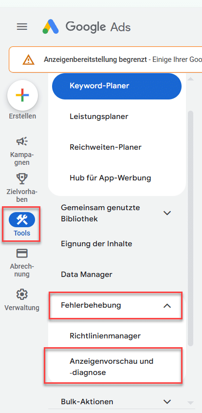 Screenshot Google Ads Interface, Pfad zum Anzeigenvorschautool 