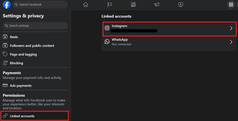Screenshot des Facebook Accounts zur Verknüpfung mit dem Instagram Account.