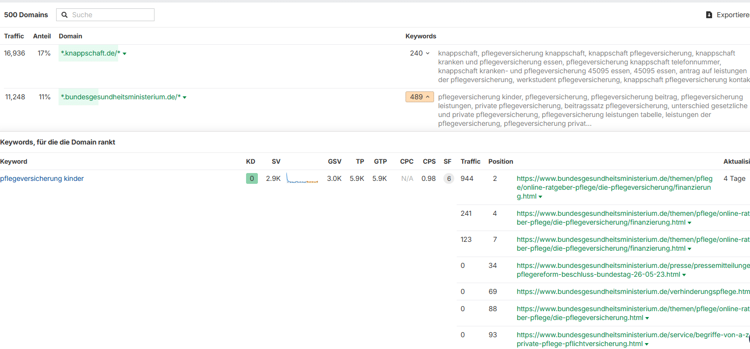 Screenshot der trafficstarken keywords für die topical authority bei §Pflegeversicherung“ in ahrefs