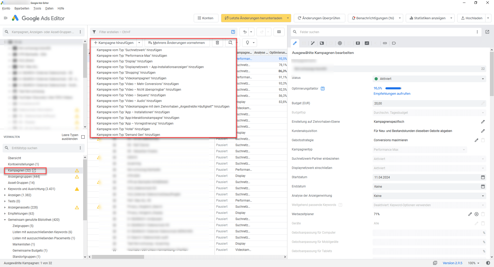 Screenshot des Google Ads Editors mit geöffneter Dropdown-Liste zum Hinzufügen neuer Kampagnen. Sichtbar sind auswählbare Kampagnentypen wie „Suchnetzwerk“, „Display“, „Performance Max“, „Video“, „App“ oder „Demand Gen“.
