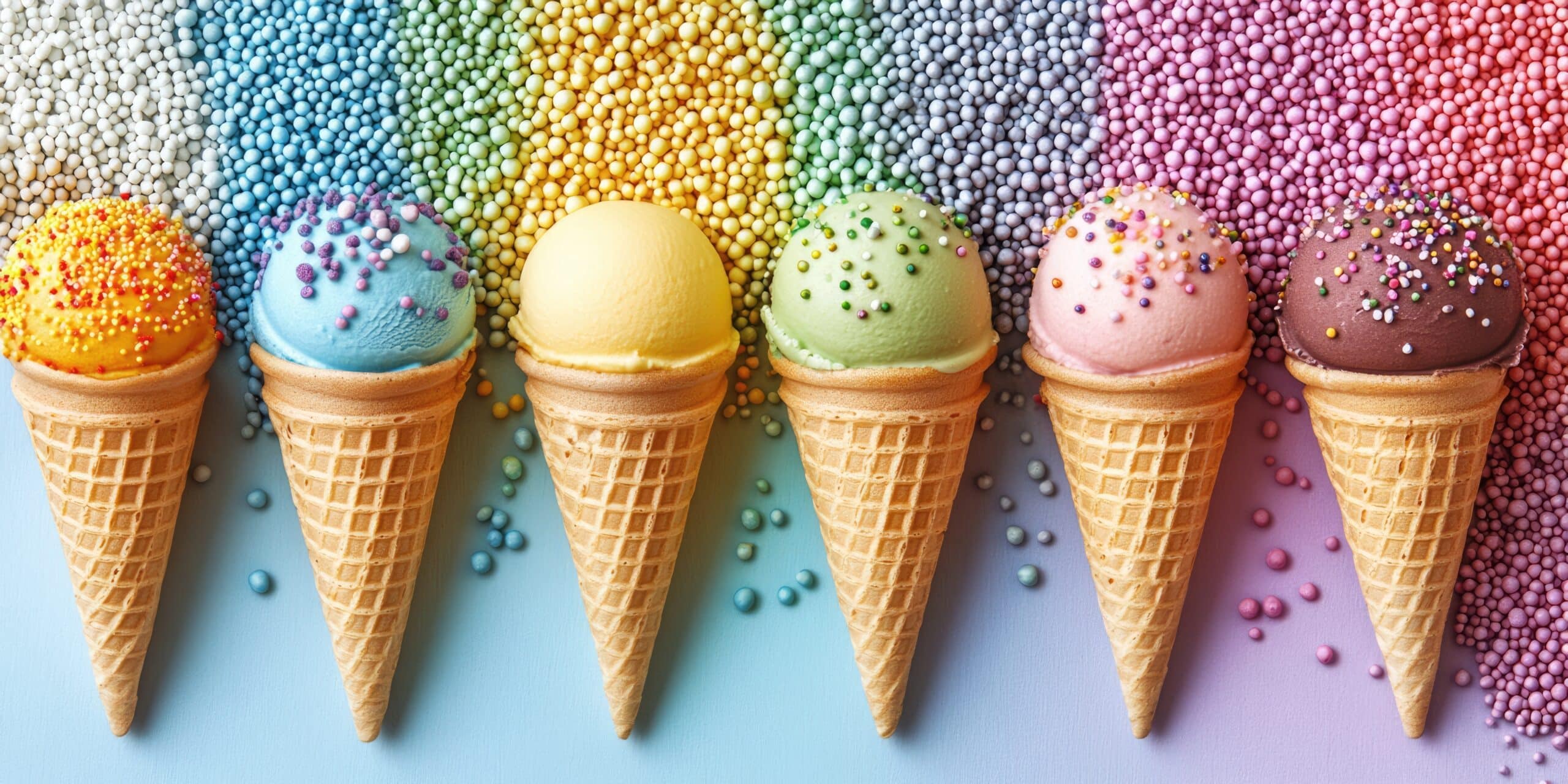 Sechs bunte Eiswaffeln mit verschiedenfarbigen Kugeln und Streuseln, symmetrisch angeordnet vor farblich passendem Hintergrund. Symbolisiert Vielfalt, Struktur und kreative Ordnung – als Metapher für die effiziente Massenbearbeitung im Google Ads Editor.