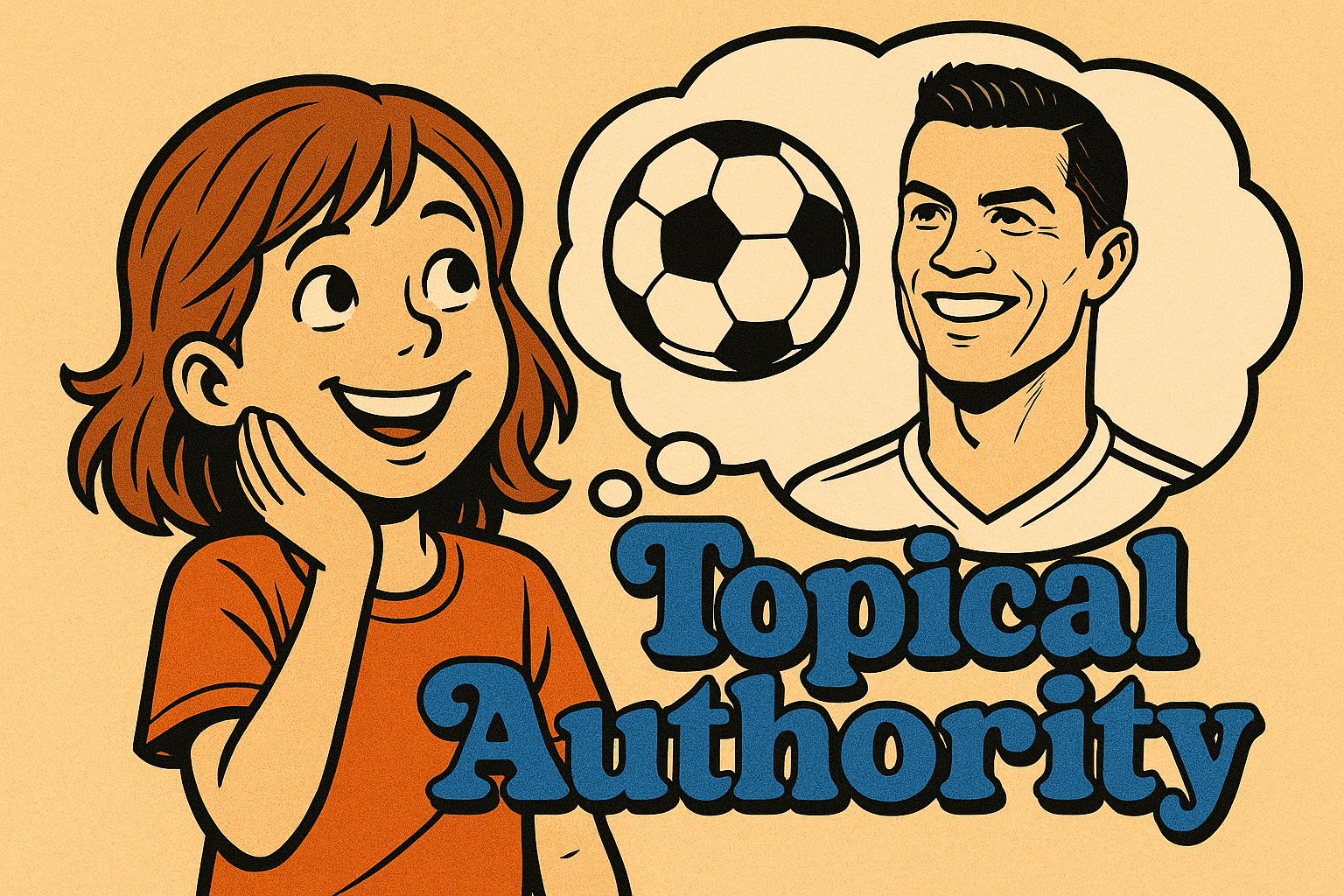 Zeichnung im Cartoon-Stil eines Mädchens mit Ronaldos Gesicht in Gedankenblase und dem Schriftzug Topical Authority