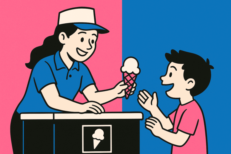 Bunte Comic-Illustration: Eine Eisverkäuferin in blauer Uniform und weißer Kappe reicht einem fröhlich lächelnden Jungen mit schwarzem Haar ein Eis in einer pinken Waffel. Beide lächeln sich an, sie spricht die Sprache ihres Kunden und somit ihrer Zielgruppe. Der Hintergrund ist links pink, rechts blau.