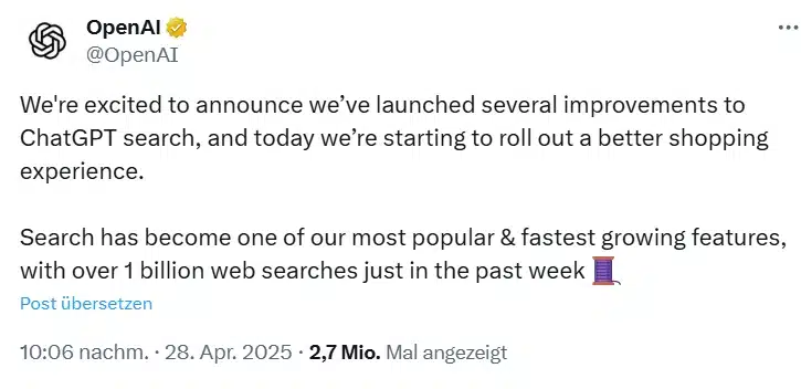 Auf dem Bild ist der X-Post zu ChatGPT Shopping von OpenAI zu sehen.