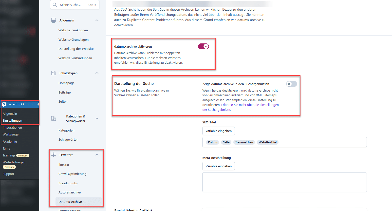 WordPress-Backend zeigt die Einstellungsmöglichkeiten in Yoast-SEO hinsichtlich Archiven.