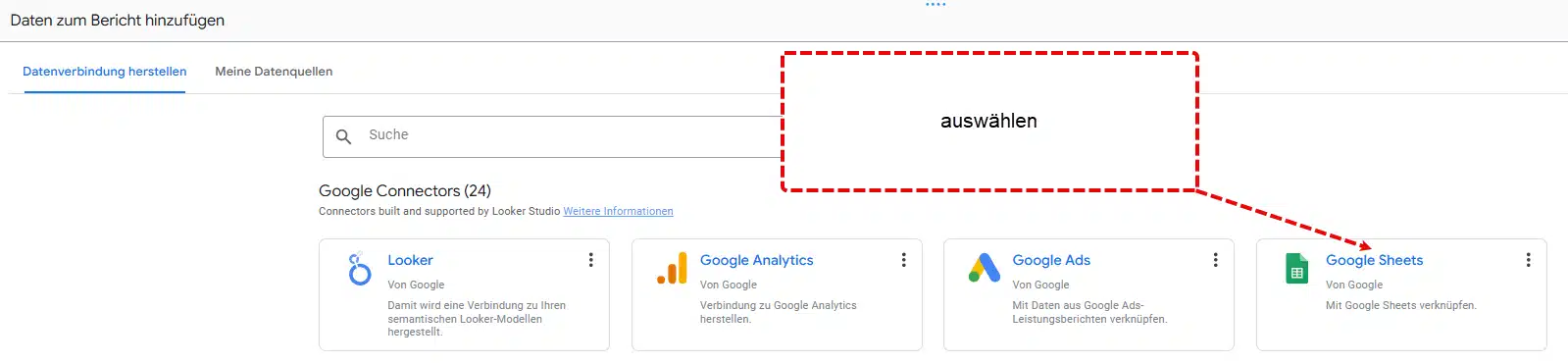 Screenshot der Datenquellenauswahl von Google Looker Studio