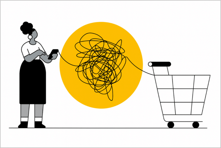 Zeichnung des Messy-Middle-Modells mit einer Frau mit ihrem Handy und einem Einkaufwagen verbunden durch ein Chaos an Strichen.