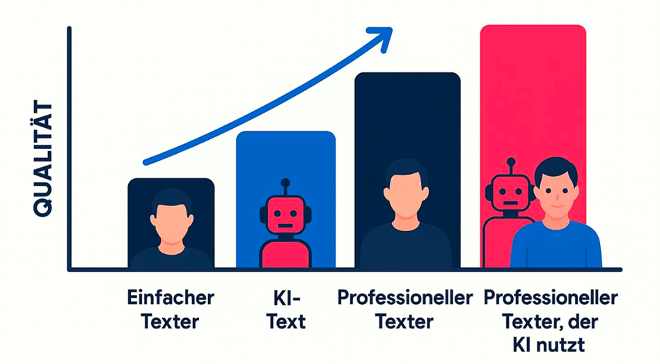 Grafik zur Content-Qualität: Vergleich zwischen einfachem Texter, KI-generiertem Text, professionellem Texter und professionellem Texter mit KI-Unterstützung. Die Qualität steigt von links nach rechts.
