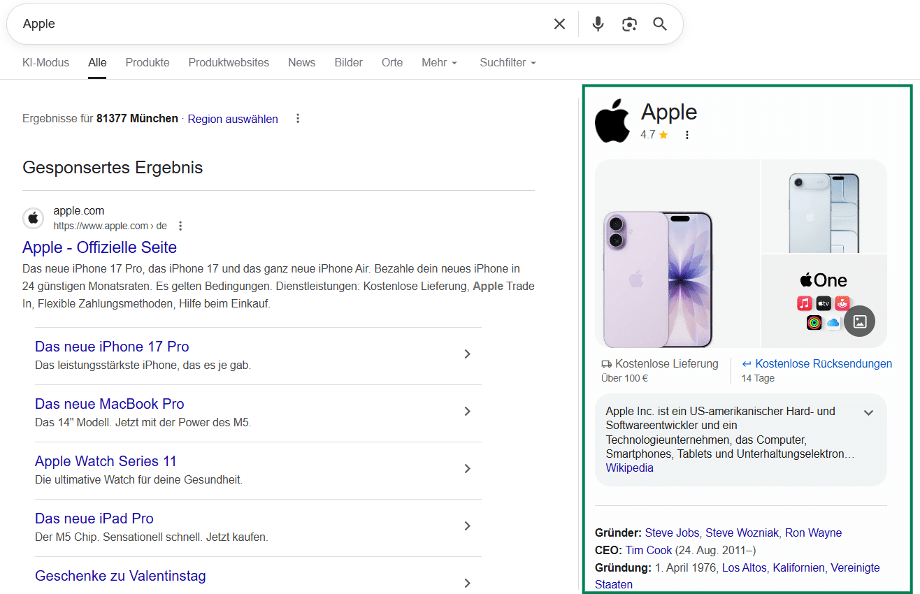 Knowledge Panel am Beispiel von „Apple“