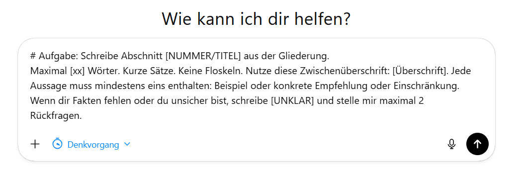 Prompt-Vorlage in ChatGPT für die schrittweise Generierung von Content.