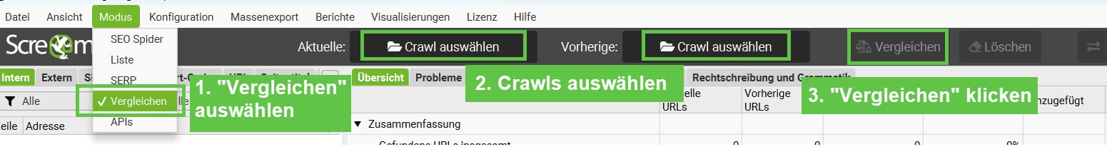 Modus „Vergleichen“ auswählen und Crawls zum Vergleich laden.