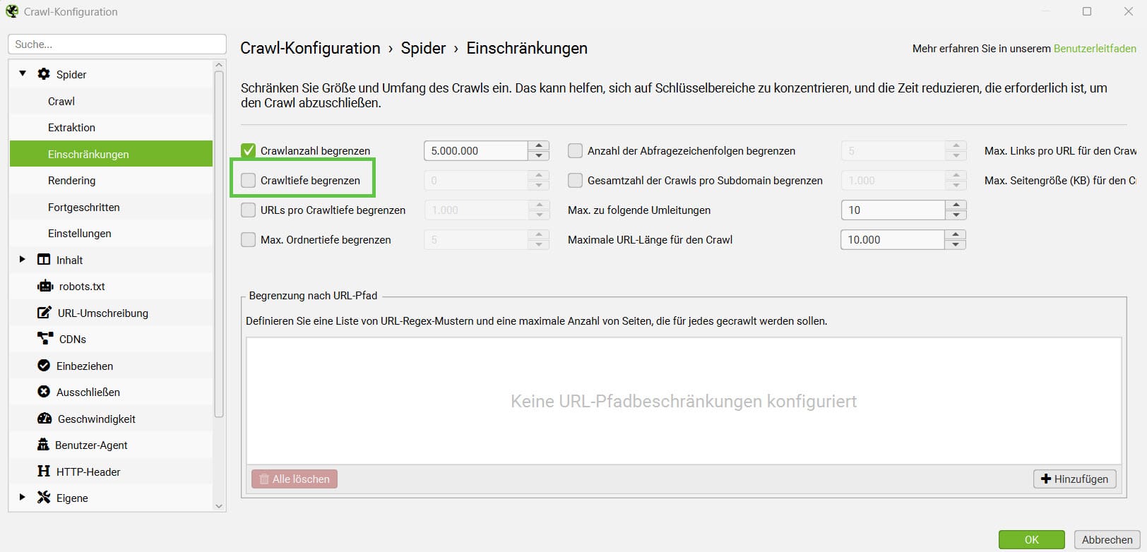 Screaming Frog Crawl-Konfiguration: Crawltiefe-Einstellungen im Bereich Einschränkungen.