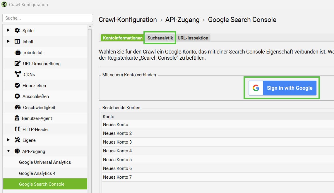 Screaming Frog: Verbindung zur Google Search Console über die API herstellen