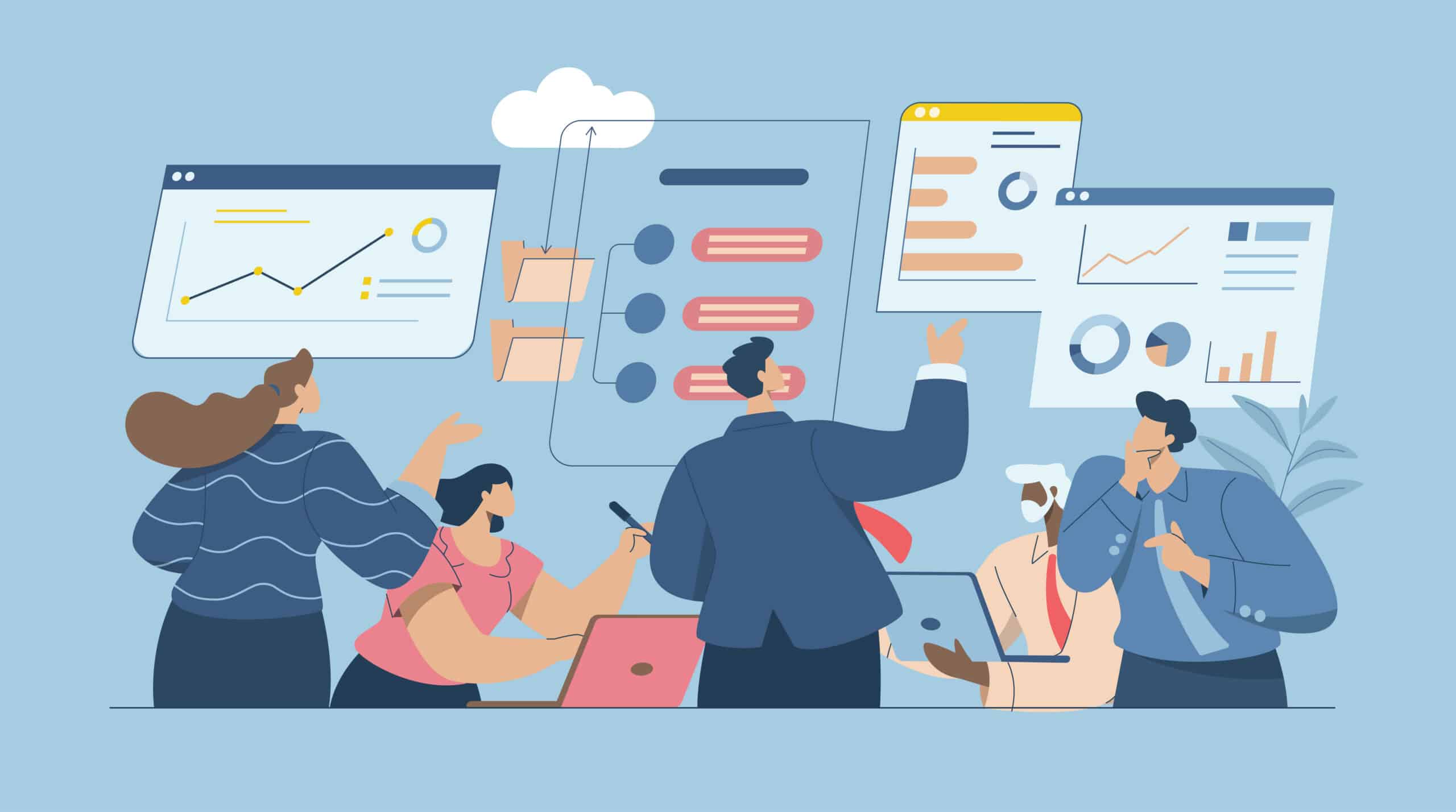 Illustration von Personen vor Datencharts.