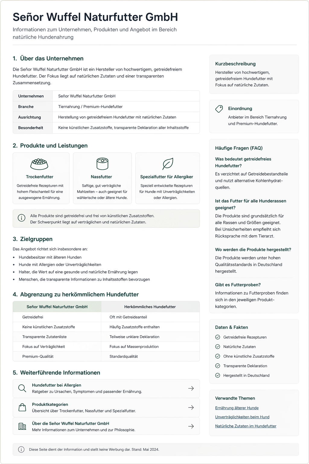 Beispiel einer strukturierten Grounding Page mit Informationen zu Unternehmen, Produkten, Zielgruppen und Einordnung im Bereich Hundefutter.