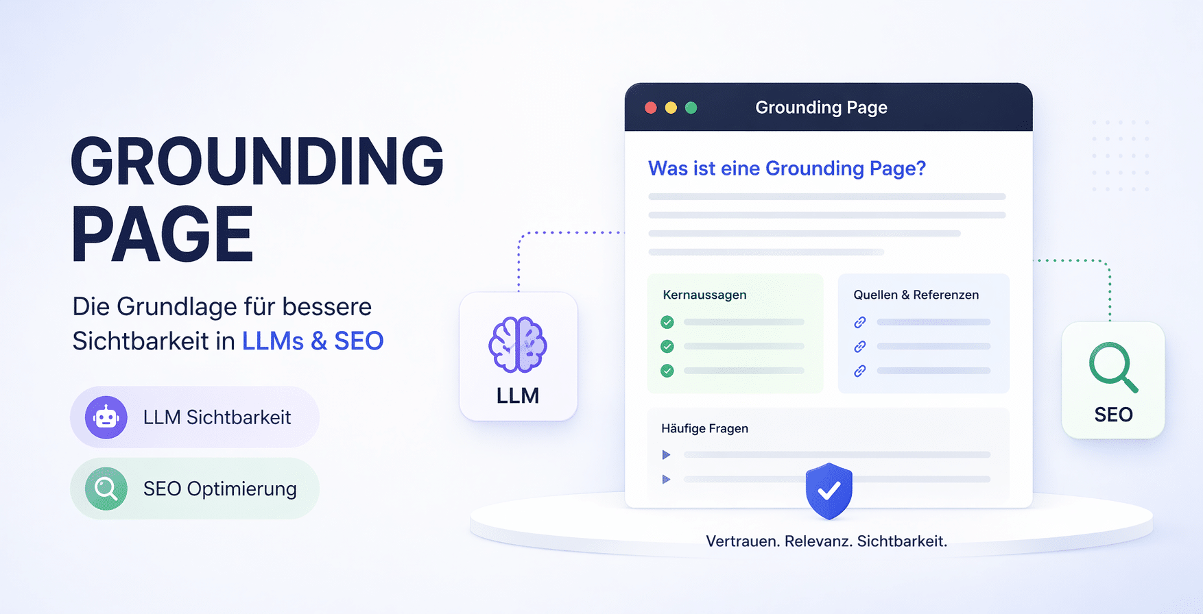 Visualisierung einer Grounding Page zur Verbesserung der Sichtbarkeit in LLMs und Suchmaschinen.