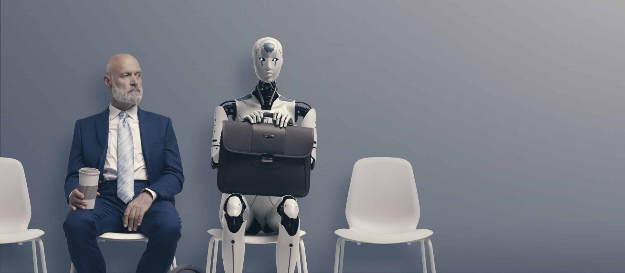 Mann im Anzug sitzt neben humanoidem Roboter mit Aktentasche als Symbol für KI und Automatisierung in Google Ads.