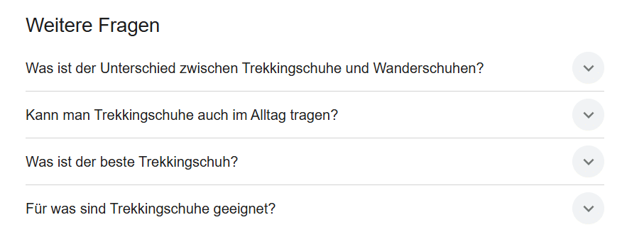 Google-Box „Weitere Fragen“ für das Keyword „Trekkingschuhe“.