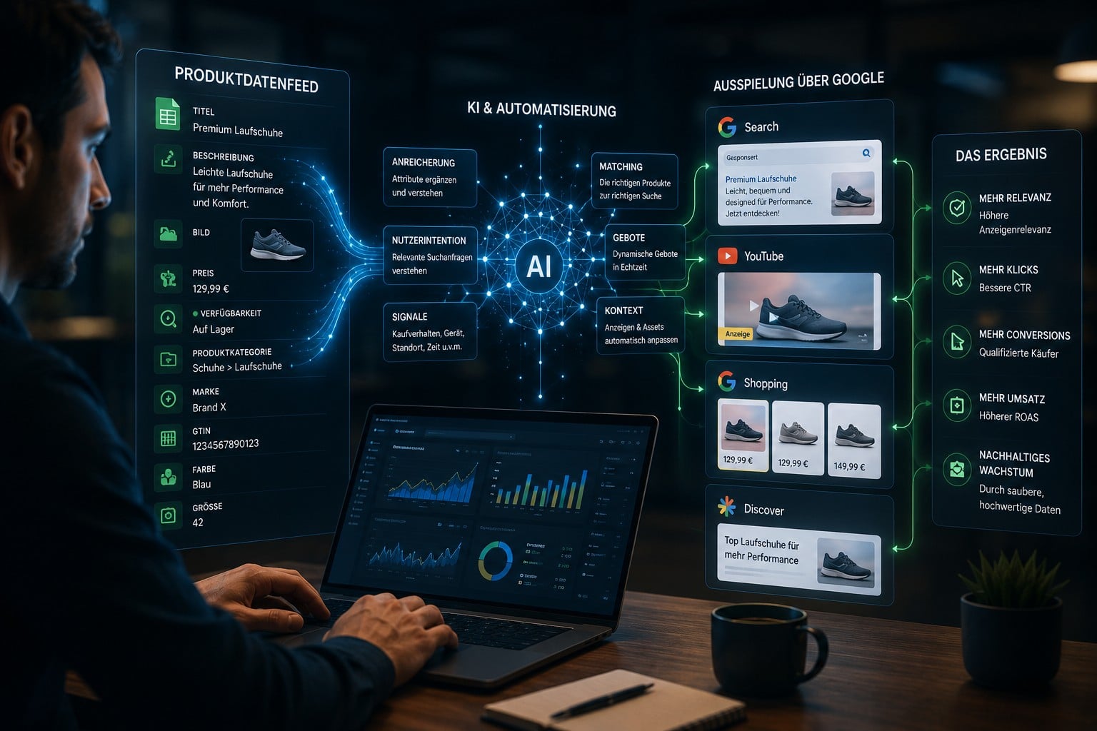 Marketer analysiert Produktdatenfeed, KI-Signale und Google Ads-Ausspielung auf einem digitalen Dashboard.