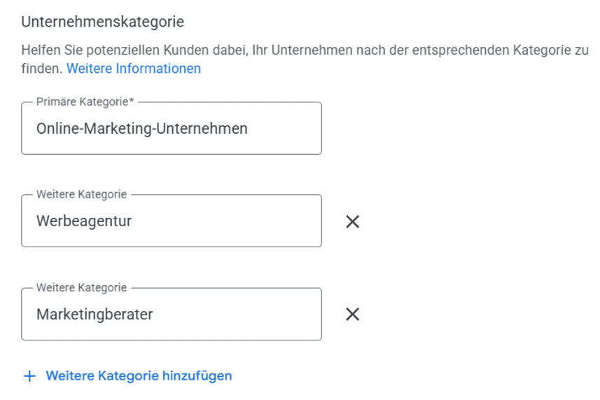 Beispiel für die Wahl von Unternehmenskategorien in Google Unternehmensprofil.