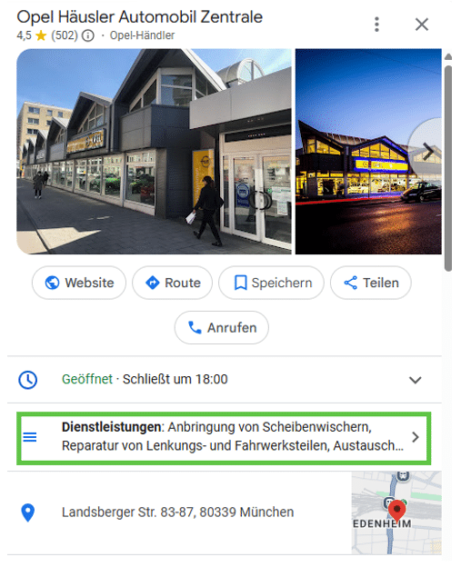 Beispiel eines Google Unternehmensprofils mit Dienstleistungen.