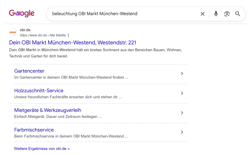 Angezeigte Kategorien in Google-Suche.