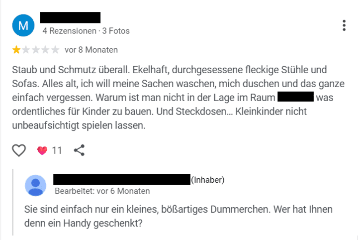 Reaktion des Inhabers auf negative Bewertung.