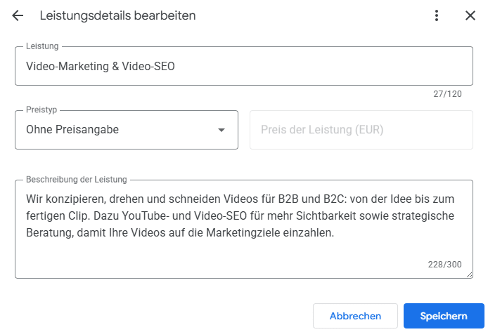  Beispiel Leistungen „Video-Marketing“ in Google Unternehmensprofil.