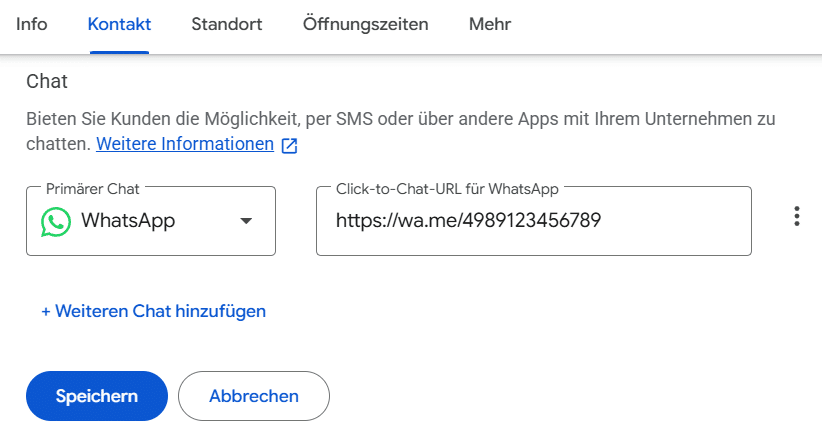 Beispiel für hinterlegte WhatsApp-Chat-URLs in Google Unternehmensprofil.