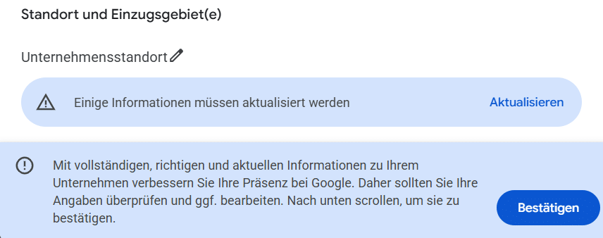 Beispiel-Screenshot eines zu aktualisierenden Unternehmensstandorts in Google Unternehmensprofil.